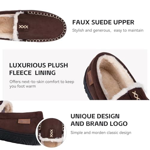 BOVTY House Slippers for Men Moccasins - Memory Foam&Warm Plush Indoor Outdoor Slip-on Loafers Brown - Thumbnail 4