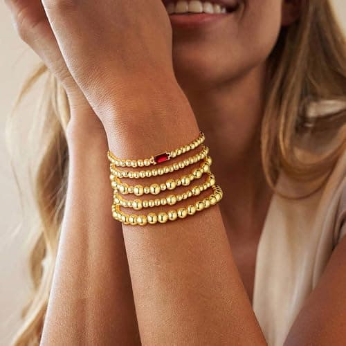 Turandoss July Birthstone Bracelets for Women - Dainty Layered Created Ruby Red Birthstone 14K Gold Plated Elastic Beaded Bracelets Trendy Friendship Birthday Jewelry Gifts for Women - Thumbnail 3