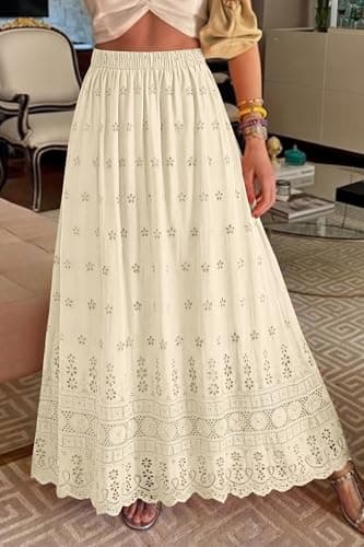 dowerme Women Summer Maxi Skirt Cute Elastic High Waist Boho Eyelet A-Line Cotton Flwoy Long Skirts Spring Clothes 2026(Beige,X-Large) - Thumbnail 2