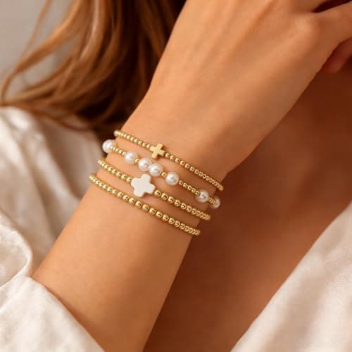 Fohufo Easter Gifts for Women - 14K Gold Plated Bracelets Sets for Women, Cross/Pearl Beaded Bracelets Jewelry, Easter Gifts Basket Stuffers - 4 Pcs Cross Bracelet - Thumbnail 2
