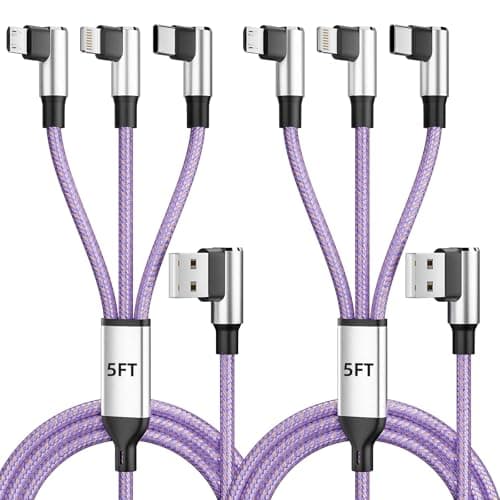 Gamer-Friendly & Travel Essentials 90 Degree Multi Charging Cable [2Pack 5FT], Right Angle 3 in 1 Charging Cable with USB-A to USB C/IP/Micro USB, Compatible with iPhone, Galaxy, Huawei, iPad and More - Image 1