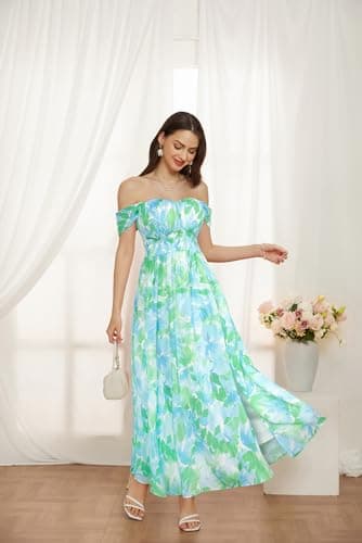 2025 Women's Summer Sleeveless Off Shoulder Floral Flowy A Line Maxi Dresses Blue Green L - Thumbnail 3