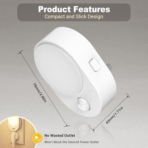 JandCase LED Motion Sensor Night Light, 2 Pack, Motion Activated Sensor Night Lights Plug into Wall, 3000K Warm White, Dimmable Nightlight with Dusk to Dawn Sensor for Kids Bathroom Hallway Bedroom - Thumbnail 6