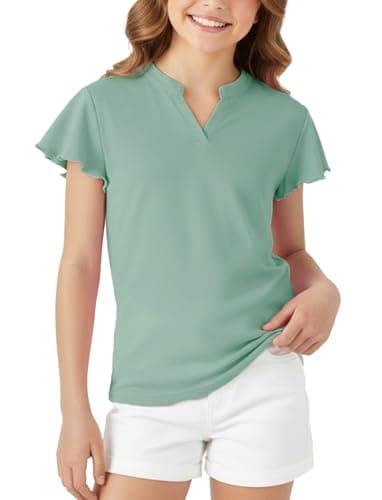 PATPAT Girls Ruffle Short Sleeve Shirts Size 7-8 Years Light Green Summer V Neck Solid Tee Tops Little Girl Casual Cute Fashion Blouse - Image 1