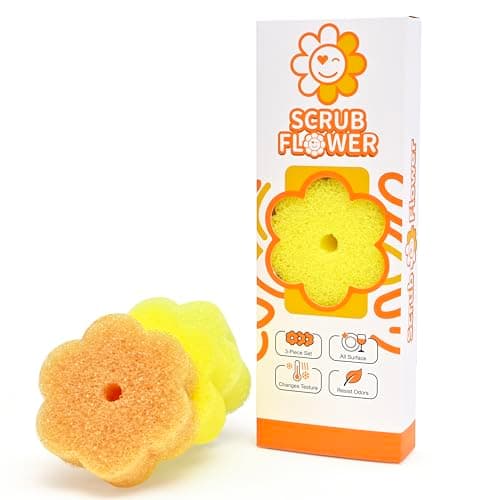 Scrub Flower Temperature Sensitive Sponges -Non-Scratch Scrubbers for Kitchen & Home - Firm in Cold & Soft in Warm Water - Odor Resistant Color-Coded Dish Sponges (Golden Sunflower, 3 Count) - Image 1