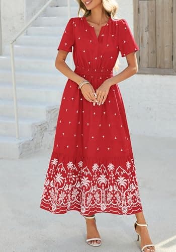 BTFBM Womens Summer Dresses 2026 Casual Short Sleeve Elastic Waist Flowy Beach Vacation Floral Boho Maxi Dress Pockets (Red White Flower, Medium) - Thumbnail 2