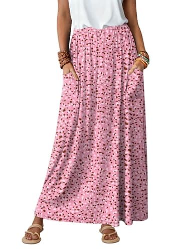 ANRABESS Womens Maxi Skirt Summer Casual Flowy A-line Elastic Waist Beach Long Skirts with Pockets Spring Vacation Clothes Floral Pink Small - Image 1