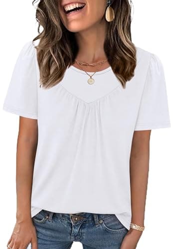 WIHOLL Boho Tops for Women Short Sleeve Beach Vacation Clothes Spring Summer Outfits Fashion Clothing Hide Tummy Trendy Casual Pleated Round Neck Hawaiian Shirts White Tops L - Image 1