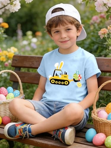 Easter Shirts for Boys Girls Bunny Easter Graphic Tshirts Kids Eggs Hunts Holiday Top 3-10T Blue - Thumbnail 3