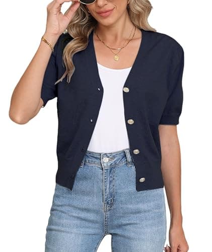 COSSEN Cardigan for Women Trendy Dressy Navy Blue Medium V Neck Bolero Crop Coat Crochet Button Down Short Sleeve Short Tops Open Front Lightweight Jacket Summer Knit Cropped Shrug for Dress - Image 1