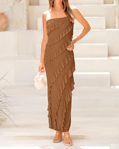 BTFBM Women Summer Elegant Strapless Midi Ruched Bodycon Dress Solid Color Stretch Mesh Slim Party Cocktail Dresses(Light Brown,Small) - Thumbnail 4