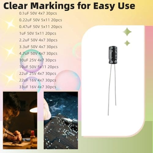 JESSINIE 24 Value 500pcs Aluminum Electrolytic 0.1uF-1000uF Capacitor kit, 16~50V Capacitor Assortment Radial Lead Type Range with Assortment Box - Thumbnail 5
