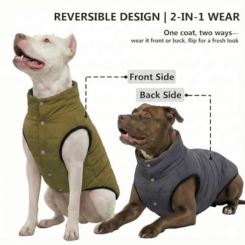 LovinPet Reversible Dog Puffer Coat for Medium & Large Dogs, Down‑Insulated Winter Jacket, Water‑Resistant & Wind‑Resistant, Anti‑Static, Dual-Sided Dark Green & Grey for Cold Weather,XL - Thumbnail 2