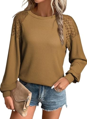 EVALESS Plus Size Long Sleeve Cute Tops for Women 2025 Trendy Crewneck Waffle Knit Lace Patchwork Basic T Shirts for Women Loose Dressy Casual Blouses Spring Fall Fashion Outfits Brown XX-Large - Image 1