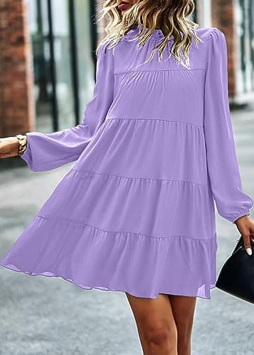 KIRUNDO Long Sleeve Baby Doll Dresses Women 2026 Casual Spring Summer Ruffle Mock Neck Tiered Mini Flowy Swing Shift Dress(Purple, Large) - Thumbnail 6