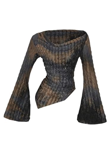 MakeMeChic Women's Cowl Neck Tops Tie Dye Shirt Bell Sleeve Hanky Hem Draped Going Out Crop Tops Multicolor Large - Image 1