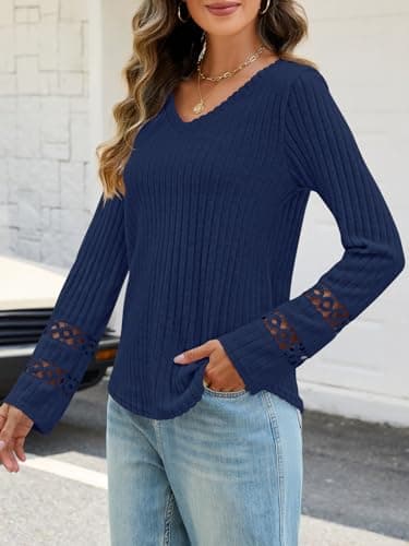 MEROKEETY Womens Long Sleeve Tops 2025 Trendy Fall Winter V Neck Ribbed Sweaters Casual Shirts Blouses, Navy, XXL - Thumbnail 3