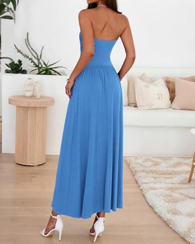 BTFBM Summer Maxi Dresses for Women 2026 Strapless Ruched Tube Top Beach Vacation Spring Wedding Guest Dress Pockets(Blue, Large) - Thumbnail 3