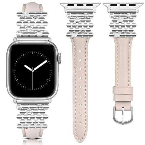 Wearlizer Leather Band Compatible with Apple Watch Bands Women 42/44/45/46/49mm, Dressy Fancy Interlocking Hexagon Buckle Strap for iWatch Series 11 10 9 8 7 6 5 4 3 SE/Ultra 3 2 1-Starlight/Silver