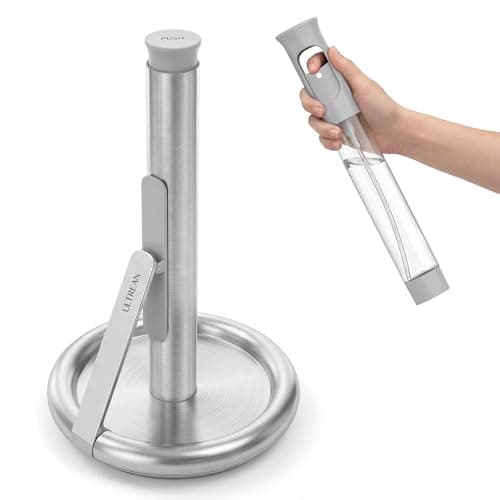 Ultrean Paper Towel Holder with Spray Bottle, Countertop Freestanding Paper Towel Dispenser with Spring-Loaded Tension Arm for One-Handed Tear, Weighted Non-Slip Base, Stainless Steel for Kitchen - Image 1