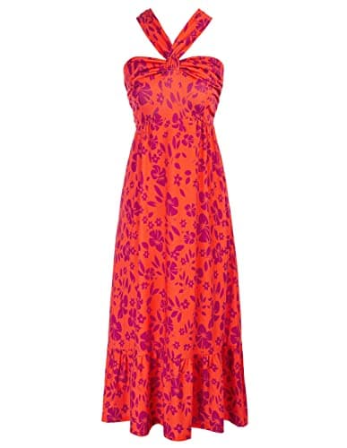 GRACE KARIN 2025 Summer Women's Criss Cross Halterneck Sleeveless Floral Print Flowy A Line Maxi Dress Orange Purple XXL - Image 1