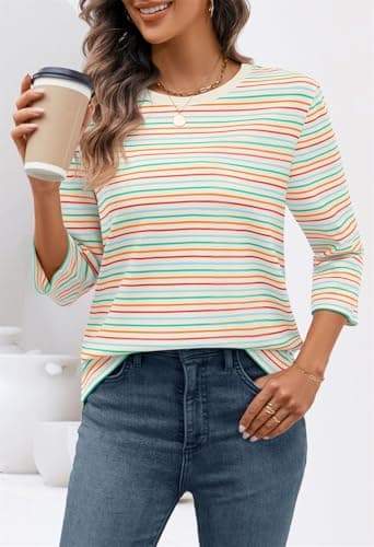 MEROKEETY Women's 2025 Casual 3/4 Sleeve Tops Blouse Crewneck Colorful Striped Fall Loose Shirt, White, Small - Thumbnail 5