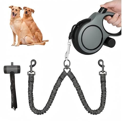 Dual Retractable Dog Leash 2 Large Dogs (Up to 110 Lbs Each), 2 Headed Pet Leash with Poop Bags, 16ft/5m Extension, Non-Slip Grip, One-Button Break & Lock, 360-degree Tangle-Free (Gray, Medium)