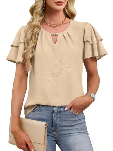 Chulianyouhuo Women Dressy Casual Textured Tops Ruffle Short Sleeve T Shirts Cute V Neck Pleated Summer Business Work Blouse Khaki - Image 1