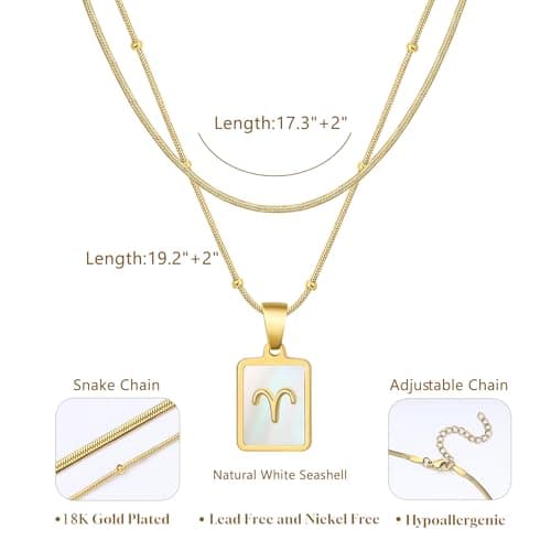 LETFLY Aries Zodiac Gold Necklace Stack for Women, 18K Gold Plated Square Shaped Pendant with Adjustable Layered Snake Chain for Women Jewelry Gifts - Thumbnail 4