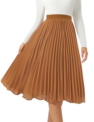 Women's Midi Skirt Elastic High Waist Pleated Skirt Knee Length Swing A-Line Casual Flowy Skirts 2025 Brown,XXL - Image 1