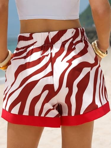 EXLURA Womens High Waist Boho Shorts Zebra Print Color Block Tie Knot Summer Beach Vacation Flowy Shorts with Pockets 2026 Red - Thumbnail 3