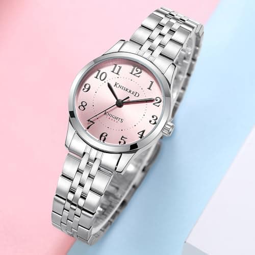 KNISKRED Easy Reader Watch for Women with Solid Stainless Steel Band Ladies Dress Watch Water Resistant (Silver Pink) - Thumbnail 3