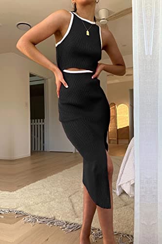 PRETTYGARDEN Women's Summer Midi Bodycon Dresses Casual Crew Neck Side Slit Sleeveless Knit Cut Out Tank Top Dress (Z-Black,Small) - Thumbnail 4