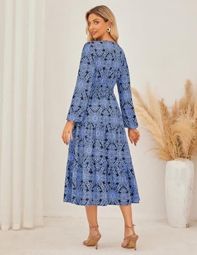 GRACE KARIN Long Sleeve Dress for Women 2026 Spring Wedding Guest Dress Floral Boho A Line Flowy Maxi Dresses with Pockets Navy Blue 2XL - Thumbnail 5