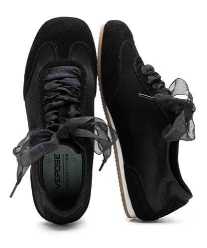 Vepose Women's Satin & Suede Gat Sneakers - Black Retro Classic Fashion Trainers Ribbon Laces - Lightweight Memory Foam & Non-Slip Comfort Walking Shoes Travel Everyday, Size 6M US (CJY8202 Black 06) - Image 1