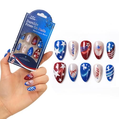 SKUPHI 4th of July Press On Nails Memorial Day Nails Almond Cat Eye Salon Quality Handmade Reusable Stick On False Nails 32 Nail Kit-16 Sizes