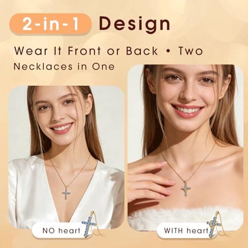 Helirose Heart Cross Necklace for Women, 18K Gold Plated CZ Faith Pendant, Anti-Tarnish Hypoallergenic Jewelry, 20" Adjustable Chain, Ideal for Birthday, Anniversary, Mother's Day, Everyday Wear (Blue-Gold) - Thumbnail 3