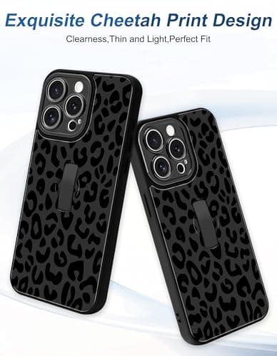 Aitipy Cheetah Phone Case Compatible with iPhone 14 Pro, with Leopard Print Finger Hand Strap Kickstand Shockproof Full Camera Protection Soft TPU Protective Cover for Women Girls, Black - Thumbnail 2
