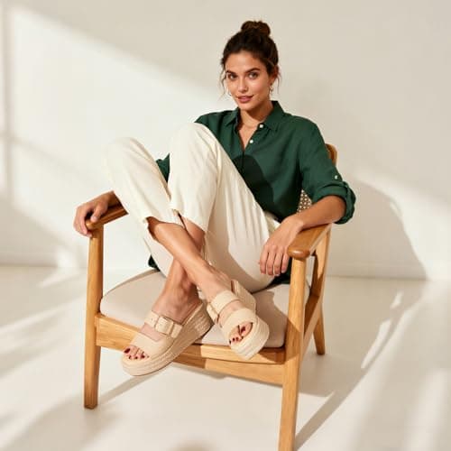 Tarkwa Platform Wedges Sandals for Women Summer Slip on Espadrille Flatform Slides Open Toe Adjustable Buckle Bohemia Beach Raffia Beach Sandals Beige Size 8 - Thumbnail 2