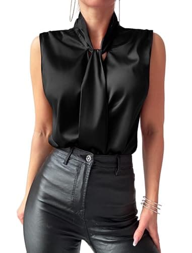 ZAFUL Women's Silk Satin Tank Tops Bow Tie Knot Mock Neck Casual Sleeveless Blouses Summer Basic Tanks Shirt Black S - Image 1