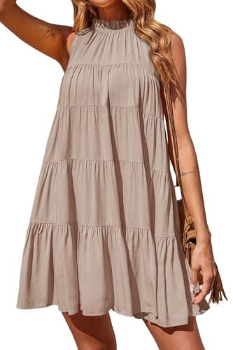 Okiwam Womens Summer Halter Dresses Sleeveless A Line Tiered Swing Mini 2025 Fall Casual Boho Beach Vacation Sundress-S Khaki - Image 1