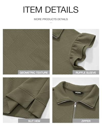 BTFBM Womens 2 Piece Outfits Spring Sweatsuit Zipper V Neck Casual Ruffle Cap Sleeve Tops Drawstring Shorts Lounge Sets(Army Green, Large) - Thumbnail 6