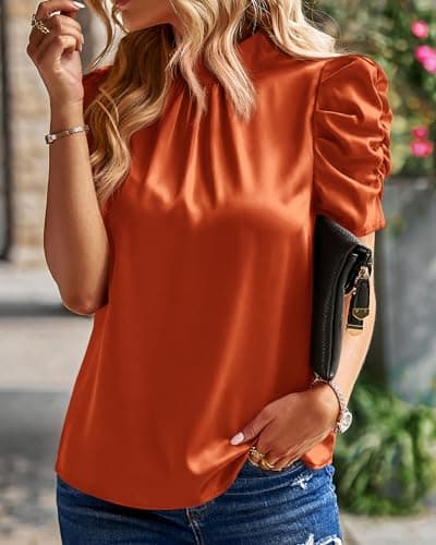BTFBM Womens Tops 2026 Dressy Casual Blouses Summer Spring Clothes Mock Neck Short Sleeve Shirts Business Work Fall Outfits(Solid Brick Red, Large) - Thumbnail 3