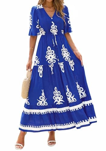 BTFBM Boho Dresses for Women 2026 Summer Spring Casual Floral Short Sleeve V Neck Flowy A-Line Maxi Party Dress Pockets(Floral Blue White, Small) - Image 1