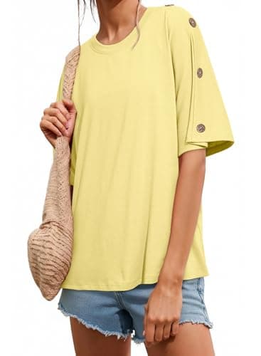 Dokotoo Womens Summer Tops Crewneck Oversized T-Shirts Short Sleeve Side Button Casual Loose Fit Tunics for Leggings Summer Blouse Yellow Tops Small - Image 1
