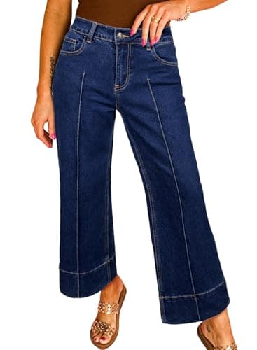 Astylish Women's Stretchy Breathable Flared Wide Leg High Waisted Jeans Tummy Control Trendy Casual Baggy Cropped Ankle Denim Pants Plus Size Spring Clothes Navy Blue Size 16 - Image 1