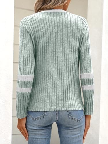 ANRABESS Women Long Sleeve Tops Color Block Casual Shirts Lightweight Sweaters Fall Fashion Outfits 2025 Teen Girls Clothes Green+White X-Large - Thumbnail 5