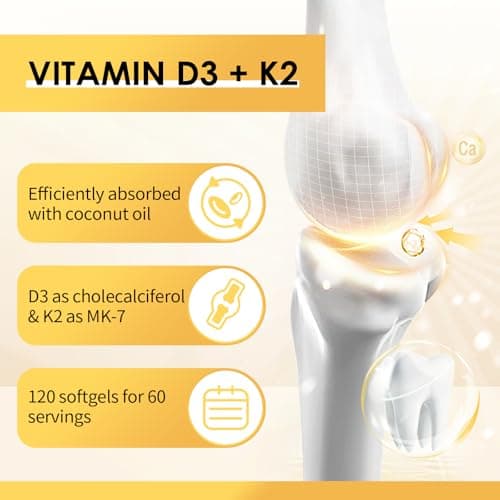 Vitamin D3 K2 Supplement with Vitamin D3 5000 IU, 200 mcg Vitamin K2 MK-7 & Natural Coconut Oil, Plant Based 2-1 Formula for Bone, Teeth, Muscle and Immune Health Support,120 Softgel Capsules - Thumbnail 3