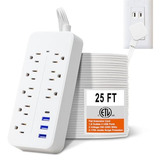 Flat Extension Cord 25 ft, Extra Long Cord Power Strip with 8 Outlets 4 USB Ports, Under Carpet, Multiple Outlets Overload Protection for Indoor, Home, Office, Dorm Room Essentials, White - Image 1