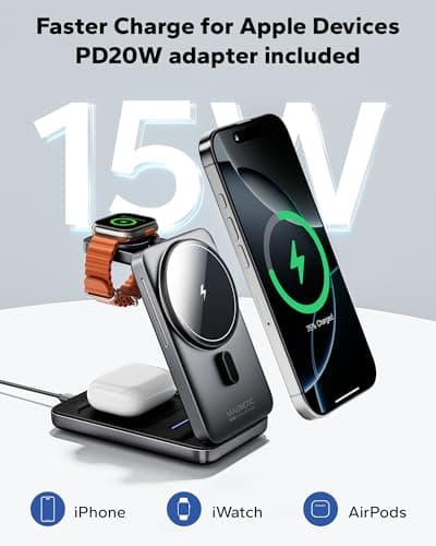 KPON Foldable 3in1 Charging Station for Magsafe, Travel Phone and Watch Charger for Apple, Wireless Charging Dock for Multiple Devices iPhone 17 16 15 14 13 12 Series/Apple Watch/Airpods - Thumbnail 2